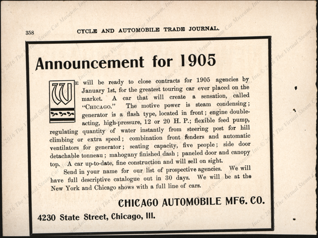 Chicago Automobile Manufacutring Comapany, Magazine Advertisement Cycle and Automobile Trade Journa. 1904, p. 358